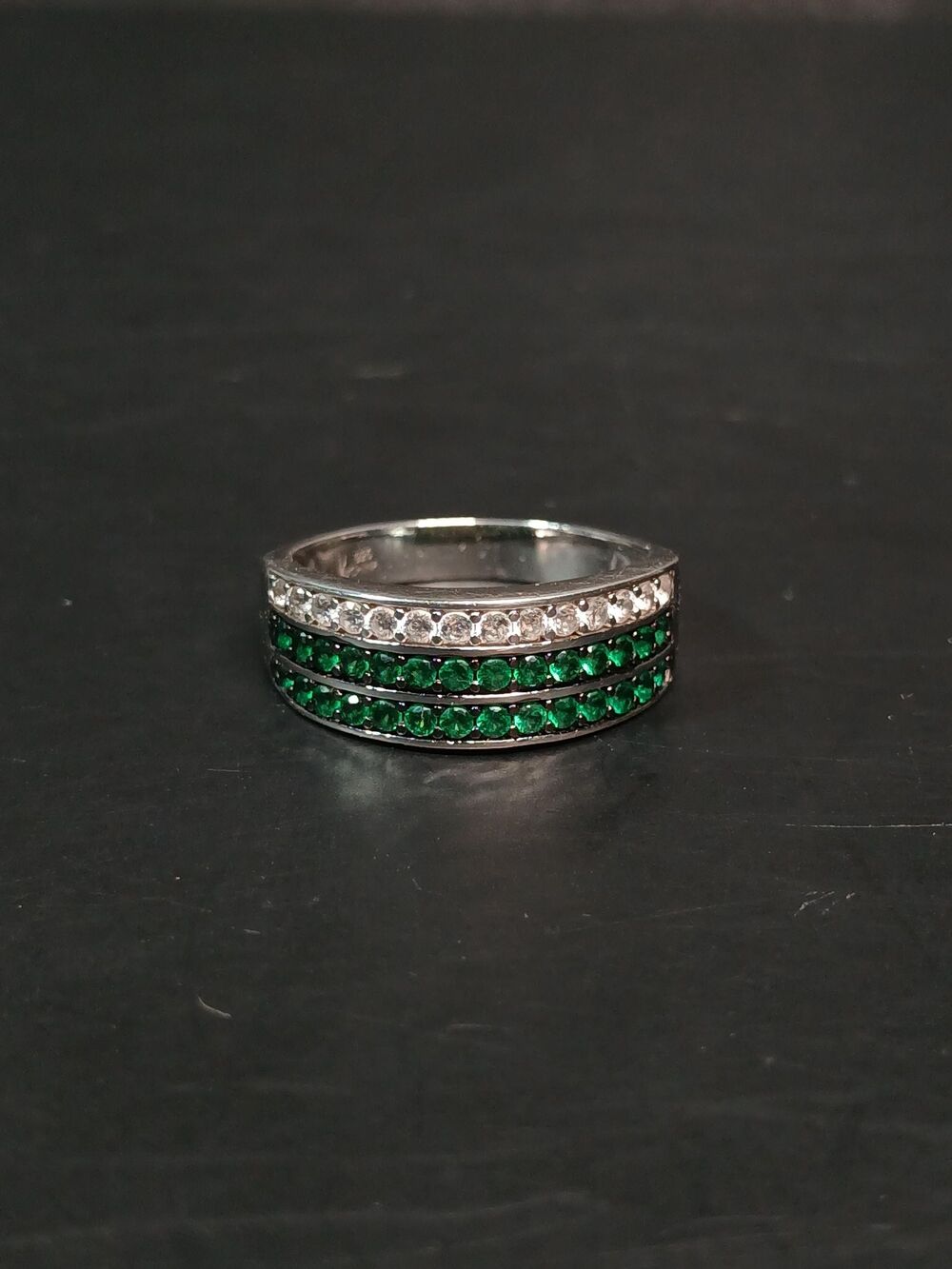 Sterling Silver Green Clear Glass Triple Row Ring Size 9